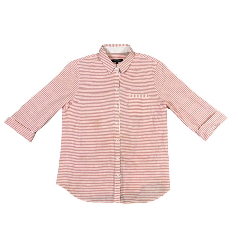 Lafayette 148 New York Orange White Striped Button Down Shirt Large